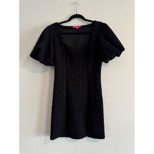 Betsey Johnson Textured Polka Dot Mini Dress Womens M Black Puff Sleeve retro‎